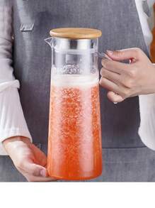 1pc Heavy Duty Beverage Pitcher With Lid, 37.1oz/54.1oz, Stainless Steel Or Wooden Lid, Suitable For Juice, Beer, Bubble Tea, Summer Drink, Kitchenware, Home Appliances, Birthday Gift - Clear - View 8