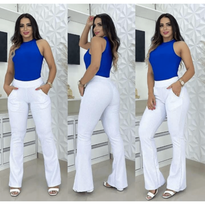 calça feminina branca flare jacard tecido macio com bolso branca calça para enfermagem área da saúde