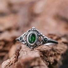 1pc Vintage Green Rhinestone Inlaid Silver-Color Ring, Perfect For Women's Engagement And Wedding - Antique Silver - View 3