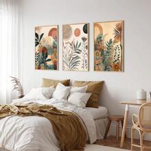 Conjunto De 3 Piezas Cartel Floral Botánico Bohemio Moderno Con Impresión En Lienzo Y Pintura Abstracta Neutra De La Modernidad Media, Cuadro De Pared Simple Ideal Para Sala De Estar, Dormitorio, Oficina, Decoración Del Hogar - Juego de 3 piezas. - Ver 3
