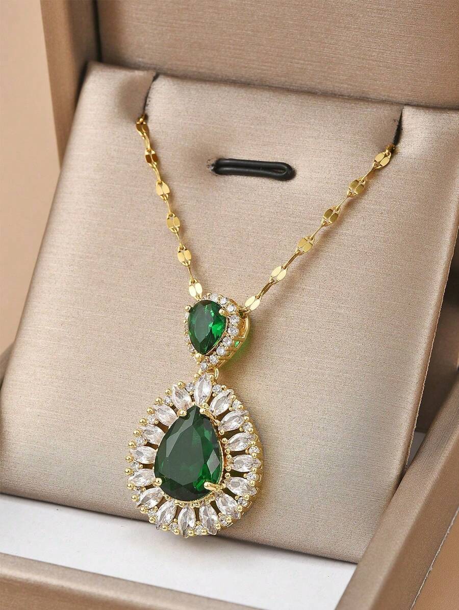 1 Pieza De Cubic Zirconia Y Acero Inoxidable Colgante De Corazón Collar Para Mujeres, Elegante Regalo Para Festival - Amarillo Oro - Ver 1