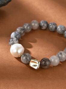 1 pieza Pulsera elástica para mujer chapada en oro de 14K con ágata negra natural y perla falsa - Multicolor - Ver 2