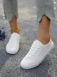 Women's White Shoes, British Style Canvas Sneakers, Round Toe Low Cut Skate Shoes, Fashionable Breathable Slip-Resistant Student Shoes