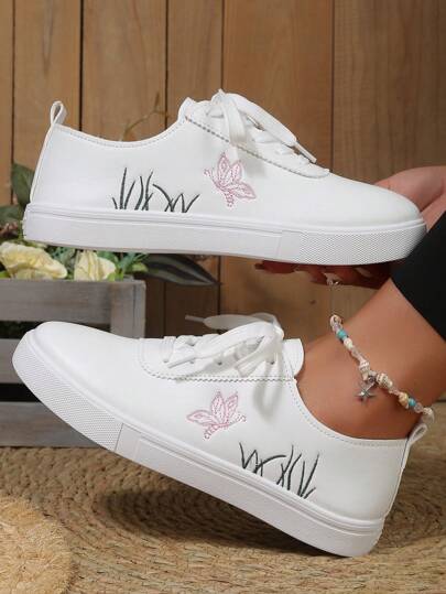 Women's White Shoes British Style Solid Color Lace-Up Leather Sneakers, Round-Toe Low-Top Flat Skate Shoes, Fashionable Breathable Non-Slip Student Shoes