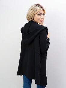 CardiganLong-Sleeved Sweater With Hat, Bow At The Waist, Lady's Design, Pique-Type Fabric, Warm, Long - 黑色 - 查看 3