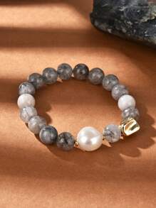 1 pieza Pulsera elástica para mujer chapada en oro de 14K con ágata negra natural y perla falsa - Multicolor - Ver 5