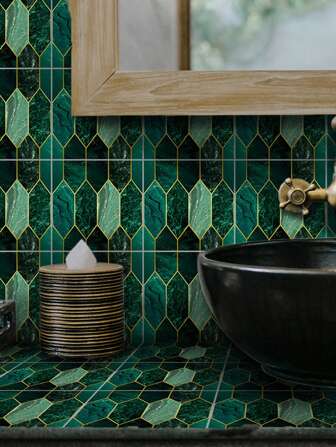 10入組閃亮自粘陶瓷磁貼,適用於廚房、浴室,防水和防油壁紙貼紙,diy輕奢華後擋板