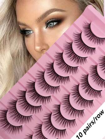 10 对俄罗斯条状睫毛蓬松水貂睫毛 3D 假睫毛俄罗斯浓密睫毛假睫毛戏剧凌乱水貂睫毛纤长狐狸眼提升效果睫毛延长套装全睫毛条，可拉长和丰盈眼角美容化妆条状睫毛，睫毛，睫毛，假睫毛