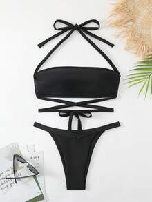 Fashionable And Sexy Two-Piece Bikini Set With Halter Neck And Cross Strap Summer Beach