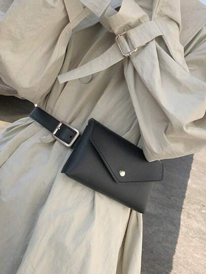 时尚黑色皮革腰包，适合女性日常使用和约会礼物