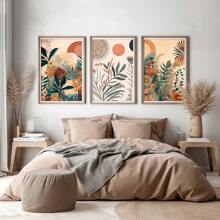 Conjunto De 3 Piezas Cartel Floral Botánico Bohemio Moderno Con Impresión En Lienzo Y Pintura Abstracta Neutra De La Modernidad Media, Cuadro De Pared Simple Ideal Para Sala De Estar, Dormitorio, Oficina, Decoración Del Hogar - Juego de 3 piezas. - Ver 2