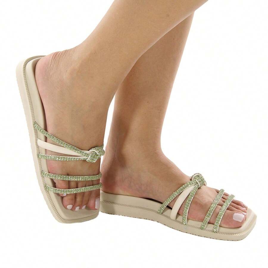Sandal, Square Front Sandal With Rhinestones - trắng - Xem 1