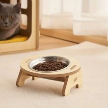 1pc Cat Tilted Feeding/Water Bowl With Wooden Stand, Protects Neck, Detachable Stainless Steel Pet Bowl (For Cats) - View 11