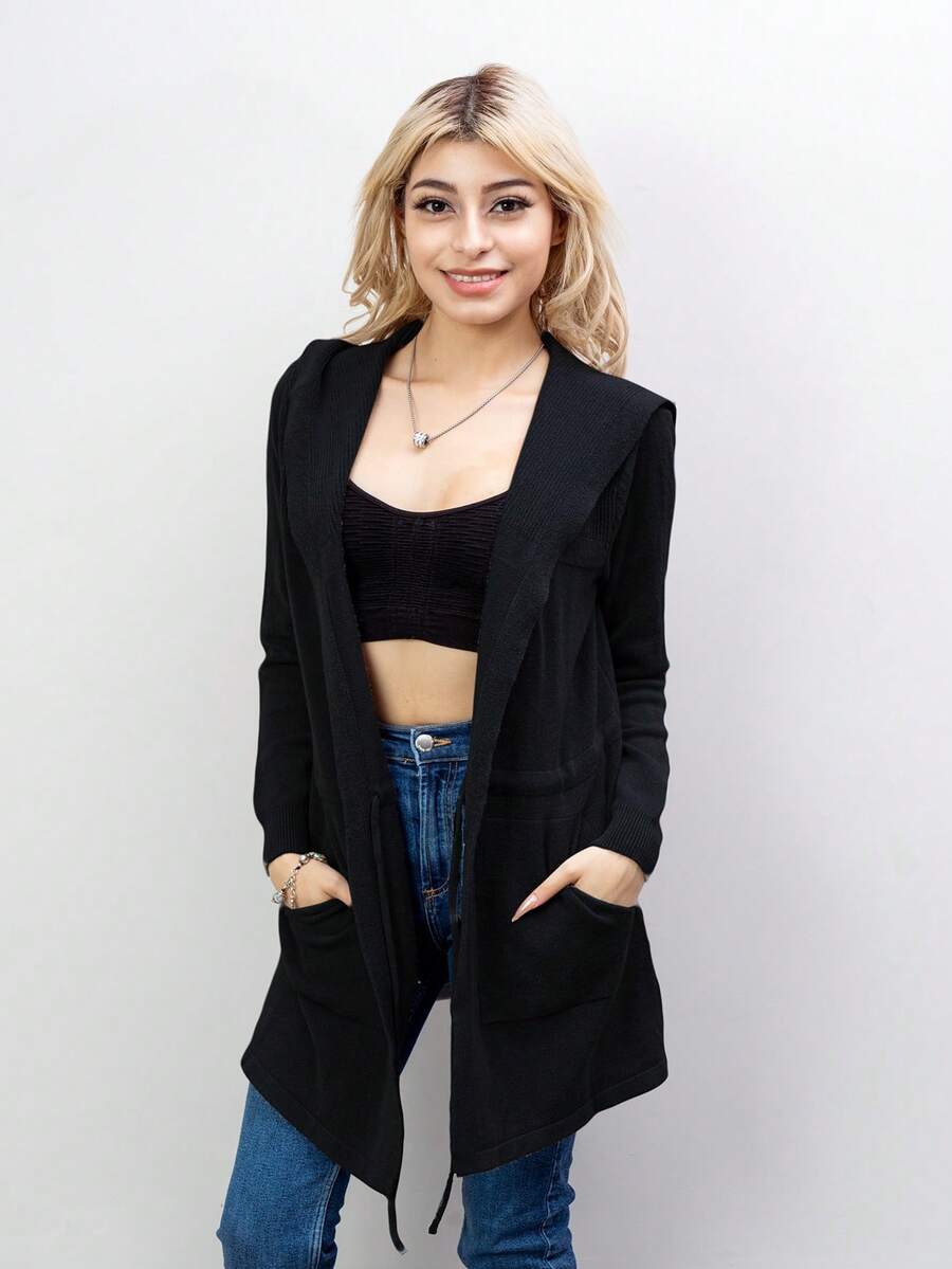 CardiganLong-Sleeved Sweater With Hat, Bow At The Waist, Lady's Design, Pique-Type Fabric, Warm, Long - Black - View 1