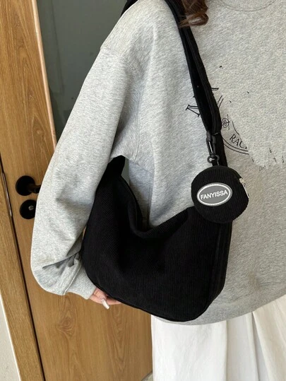 1 件纯色新款女士单肩包，休闲灯芯绒面料，大容量，适合上学和通勤，可斜挎，上学单肩包