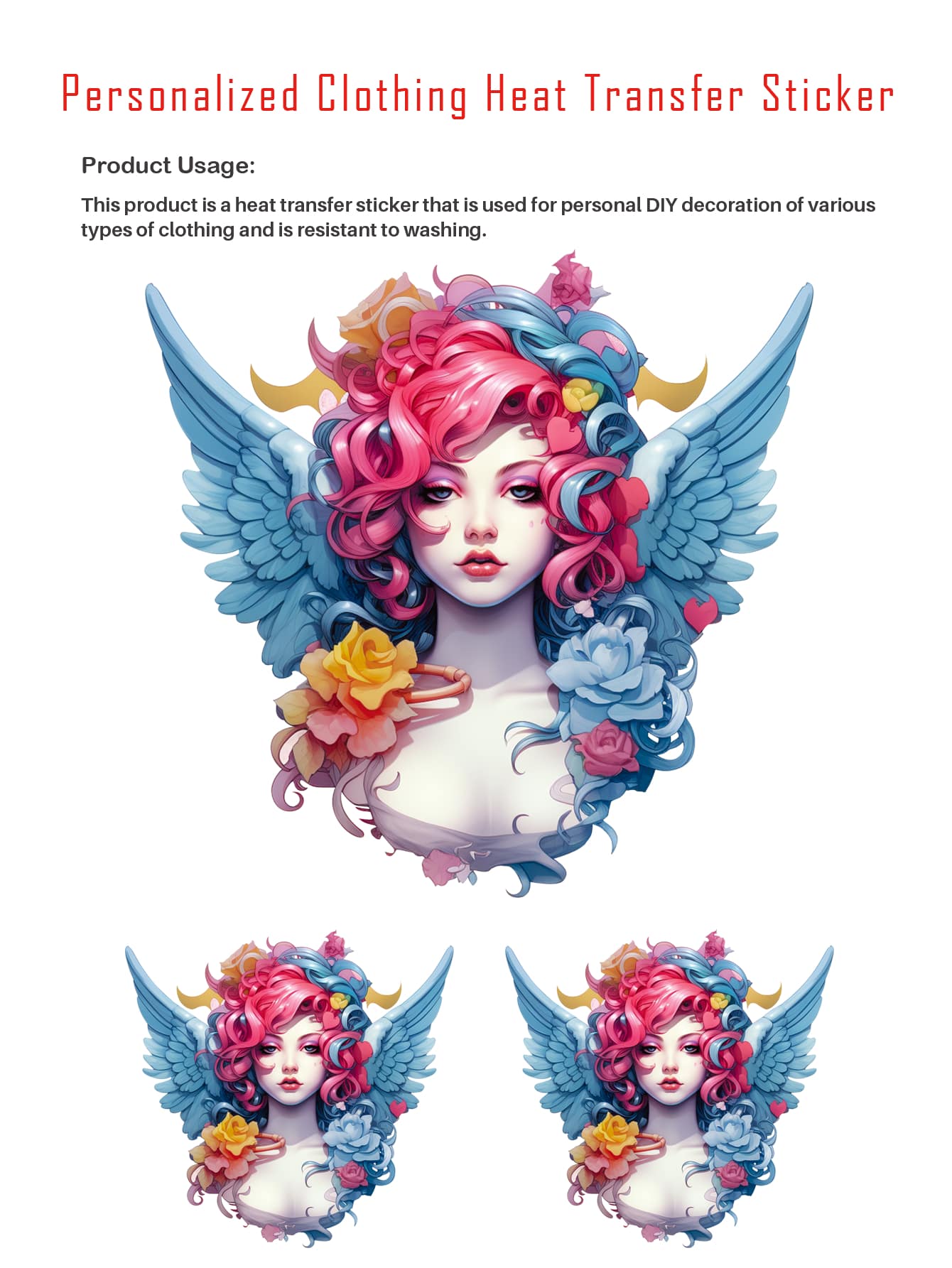 1pc Large & 2pcs Small Colorful & Beautiful Little Angel Design Diy Clothes T-Shirt Heat Transfer Sticker - Color - View 1