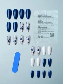 迅速升級你的造型，24入組長形杏仁藍白條紋設計假指甲套裝，女士及女孩可按壓式指甲套裝 - 彩色 - 查看 2