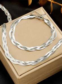 2入組/套316l不銹鋼蛇骨鏈項鍊和手鐲,三色手工編織嘻哈風格防水珠寶套裝,適合日常穿著