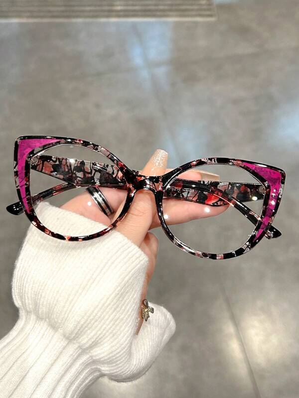 نظارات إطار ملون أسلوب عين القطة بعدسات شفافة ديكورية للنساء ، إكسسوارات نظارات شفافة ، إكسسوارات نظارات للنساء