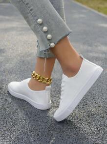 Women's White Shoes, British Style Canvas Sneakers, Round Toe Low Cut Skate Shoes, Fashionable Breathable Slip-Resistant Student Shoes
