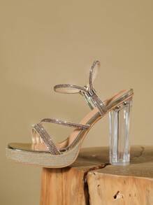 透明水晶方头高跟凉鞋，细带高跟厚底可调节搭扣凉鞋，性感女士正装鞋 - 金色 - 查看 6