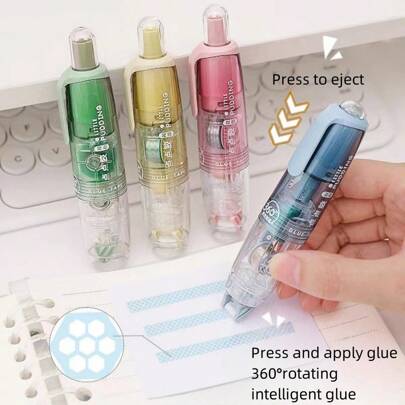 1入組新款學生壓式膠帶,易更換芯,雙面膠帶,大容量適用於日記、剪貼簿