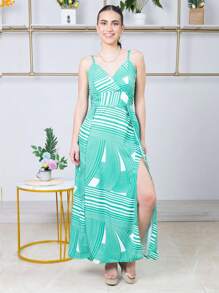 Split Thigh Drawstring Off Shoulder Print Tank Dress High Fork Strap Printed Dress - Green - View 2