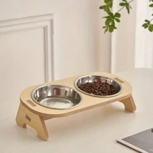 1pc Cat Tilted Feeding/Water Bowl With Wooden Stand, Protects Neck, Detachable Stainless Steel Pet Bowl (For Cats) - View 5