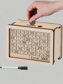 1 pieza Caja de ahorro de dinero de madera creativa con tabla de plan de ahorro, hucha, bote de monedas, regalo adecuado, organizador de almacenamiento doméstico para dormitorio, escritorio, hogar, regalo de cumpleaños para dormitorio - Beis - Ver 3
