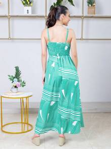 Split Thigh Drawstring Off Shoulder Print Tank Dress High Fork Strap Printed Dress - Green - View 3