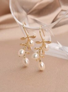 1 Đôi bông tai hình lá mạ vàng 18K đính ngọc trai tự nhiên và ngọc trai hạt gạo, quà tặng Ngày của Mẹ/Ngày Valentine/Sinh nhật cho phụ nữ - Lá liễu - Xem 6