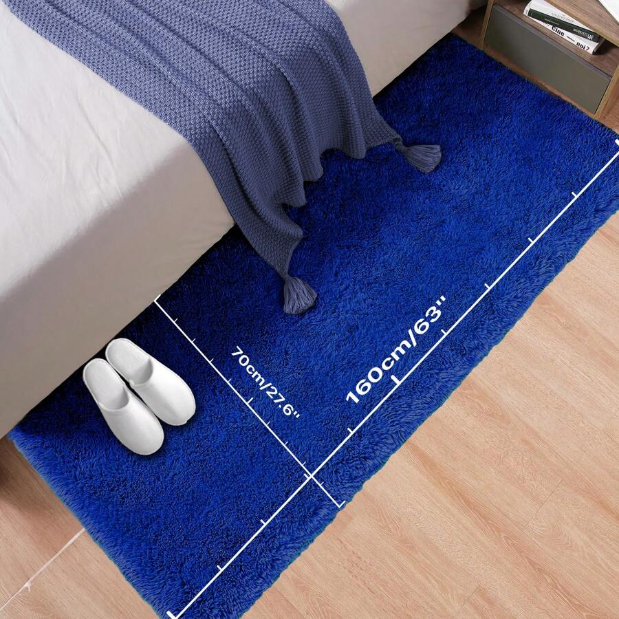 1pc Navy Blue/Deep Sea Blue Plush AntiSlip Mat, Soft Artificial Wool