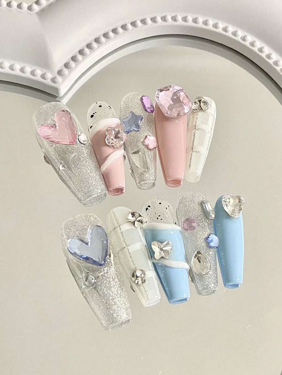 10 Bộ móng tay giả đính đá giả hình trái tim sáng bóng và hình ngôi sao năm cánh theo phong cách múa ba lê ngọt ngào và dễ thương, bao gồm keo thạch, dũa móng tay và thanh gỗ - Nhiều màu - Xem 1