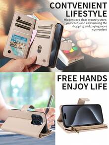 1 chiếc bao da điện thoại có nhiều khe cắm thẻ, bao da đựng thẻ đa chức năng tương thích với iPhone 16 Pro - Màu be - Xem 4