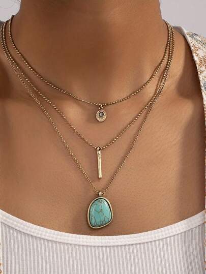 1pc Vintage Bohemian Style Turquoise Multi-Layer Triple Strand Necklace