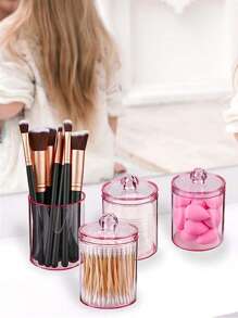 4 Pcs Holder Dispenser For Cleaning Stick, Round Pad, Dental Floss Pick - 10 Oz Clear Plastic Jar Set For Bathroom Organization, Dressing Table Makeup Container In Pink