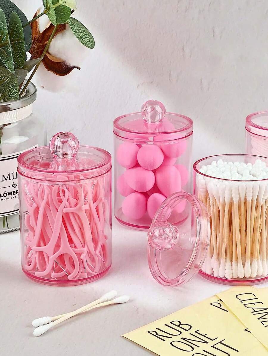 4 Pcs Holder Dispenser For Cleaning Stick, Round Pad, Dental Floss Pick - 10 Oz Clear Plastic Jar Set For Bathroom Organization, Dressing Table Makeup Container In Pink