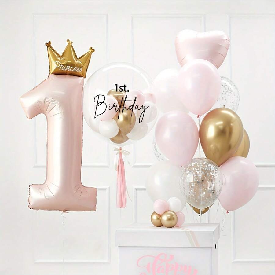 Bộ 24 quả bóng bay số hình vương miện 40 inch cho bé 1 tuổi, Bộ bóng bay màu xanh và hồng dùng để trang trí tiệc sinh nhật, Tiệc tiết lộ giới tính, - Bụi hồng - Xem 1