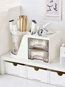 1pc 360° Rotatable Pen Holder With Large Capacity And Multi-Functional Drawer Design For Desktop Organization, Suitable For Students - White - View 3