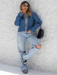 Women Denim Jackets & Coats - 深色水洗藍 - 查看 2