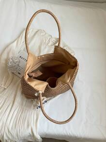 附贈流蘇裝飾編織女式肩袋,容量大,適合海灘度假、休閒旅行,手提袋 - 卡其色 - 查看 2