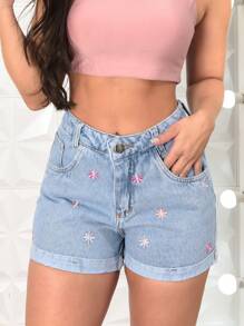 Women Denim Shorts - 中等水洗藍 - 查看 1