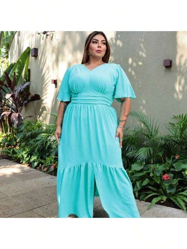 Vestido Longo Moda Feminina Tecido Duna Forrado Manga Flare Moda Plus Size R-08