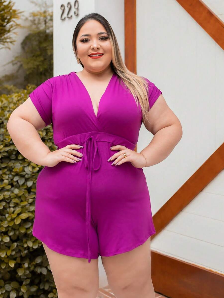 Macaquinho Plus Size Decote en V com Bolso - Fúcsia - Visão 1