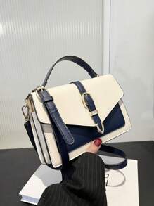 Belt Decorated Flap Crossbody/Shoulder Bag - Navy Blue - View 4