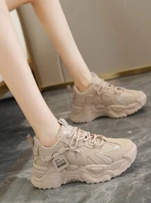 時尚透氣女用休閒運動鞋,加厚鞋底增高設計,學院風繫帶女式低筒厚底運動鞋 - 卡其色 - 查看 1