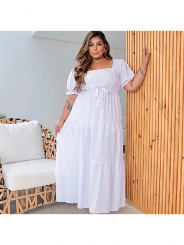 Vestido Longo Moda Feminina Tecido Duna Forrado Gola Quadrada Moda Plus Size R04