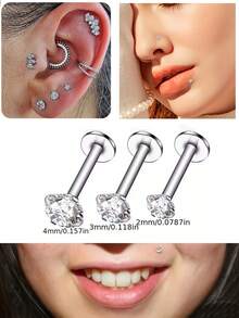 6入組閃亮立方氧化鋯耳釘套裝,女士女孩小嘴唇耳釘,適用於軟骨螺旋鼻穴穿孔禮物珠寶 - 銀色 - 查看 2