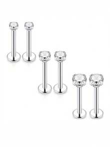 6入組閃亮立方氧化鋯耳釘套裝,女士女孩小嘴唇耳釘,適用於軟骨螺旋鼻穴穿孔禮物珠寶 - 銀色 - 查看 6