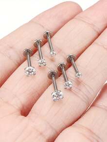 6入組閃亮立方氧化鋯耳釘套裝,女士女孩小嘴唇耳釘,適用於軟骨螺旋鼻穴穿孔禮物珠寶 - 銀色 - 查看 3